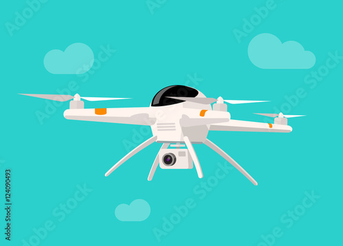Flying drone with camera vector illustration isolated on blue sky background, flat cartoon modern drone