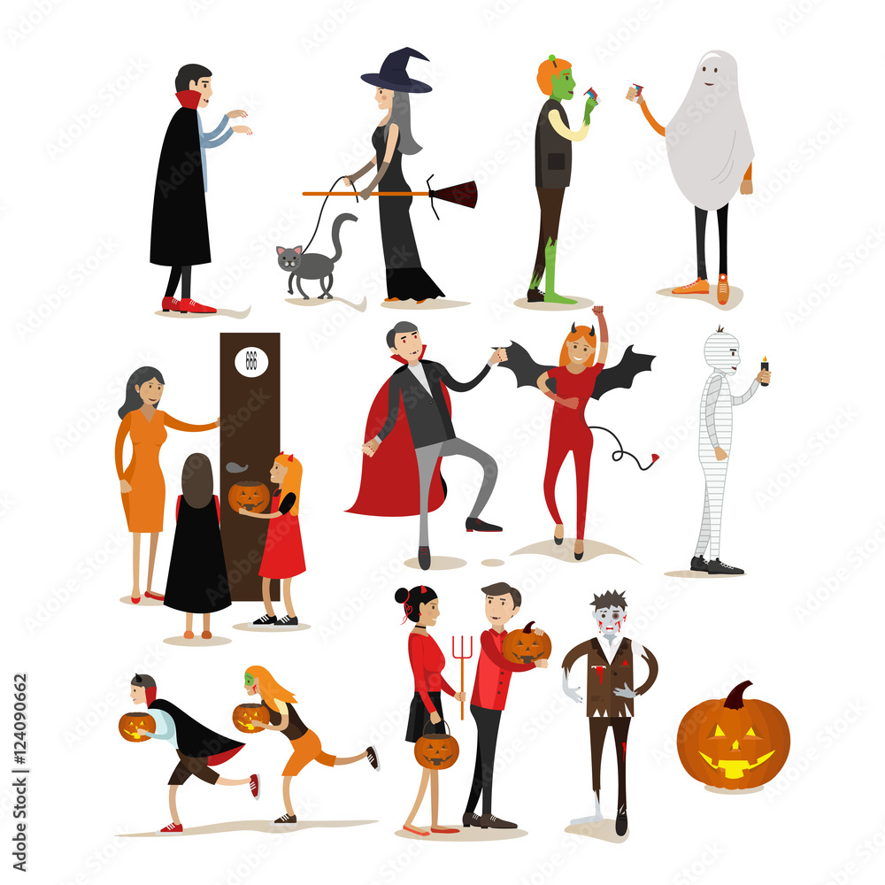 Happy halloween holiday party characters isolated on white background. Vector illustration in flat style. Design elements and icons