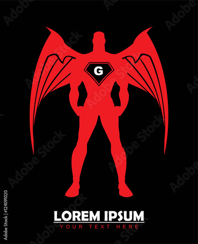 red guardian. winged superhero. red angel.