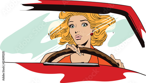 People in retro style. Frightened woman driving a car.