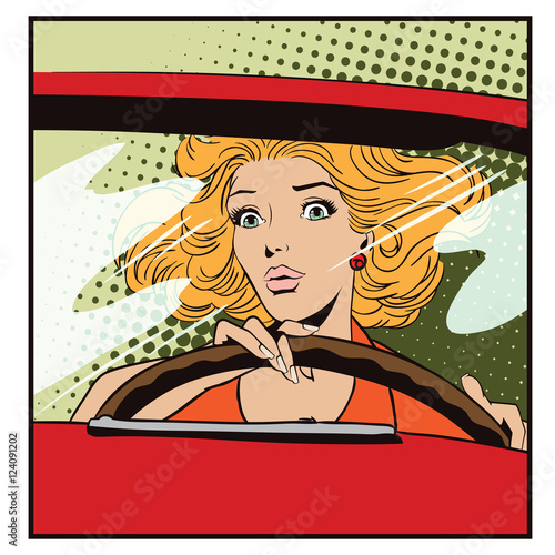 People in retro style. Frightened woman driving a car.