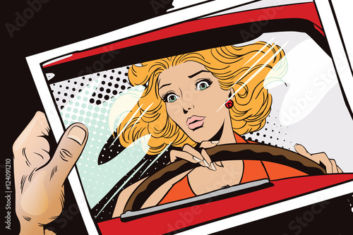 People in retro style. Frightened woman driving a car.