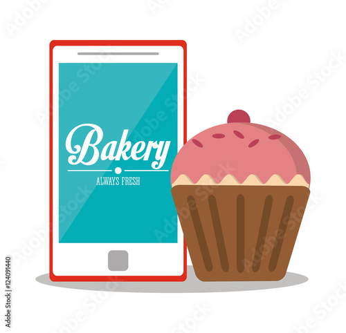 Muffin and smartphone icon. Bakery breakfast food and menu theme. Colorful and isolated design. Vector illustration