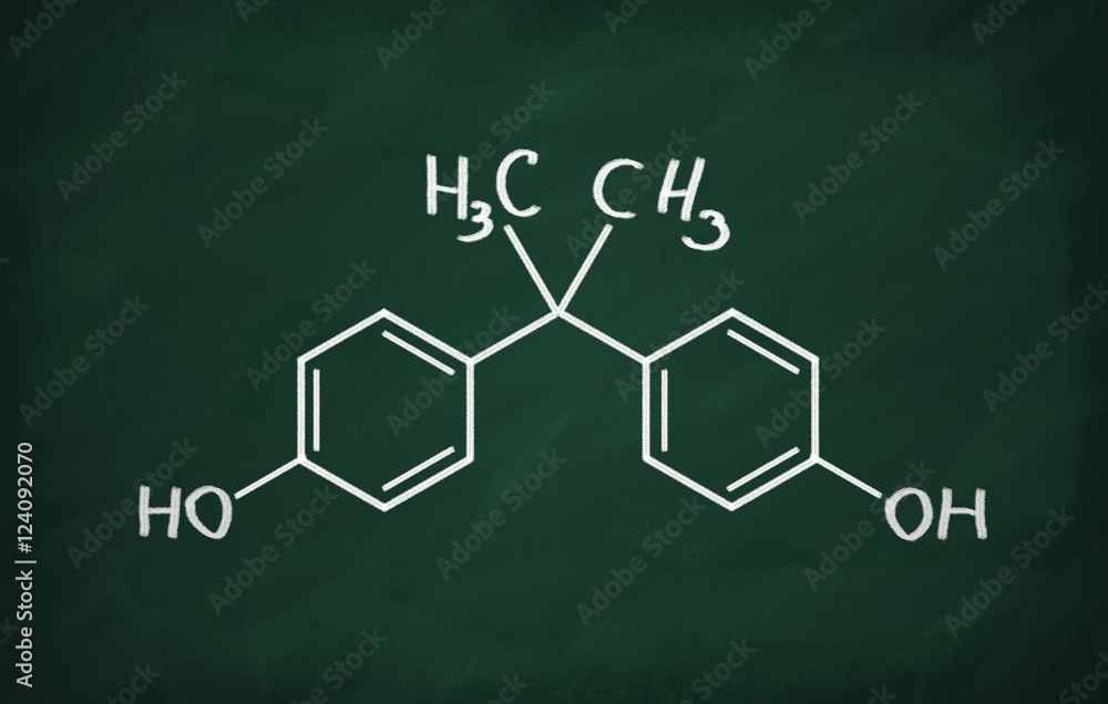 Structural model of BPA (bisphenol) on the blackboard. Structural model of BPA (bisphenol) on the blackboard.