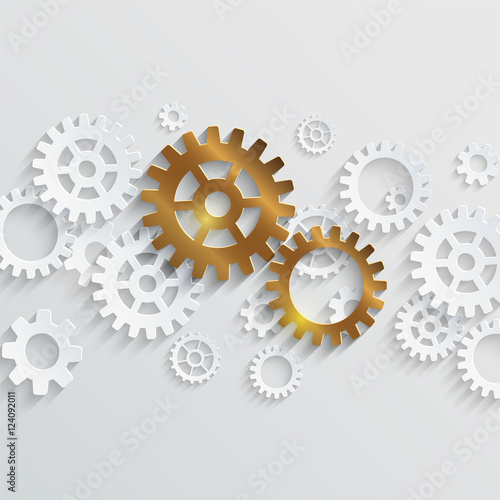 Vector outstanding concept. Golden gears standing out of white gears stream