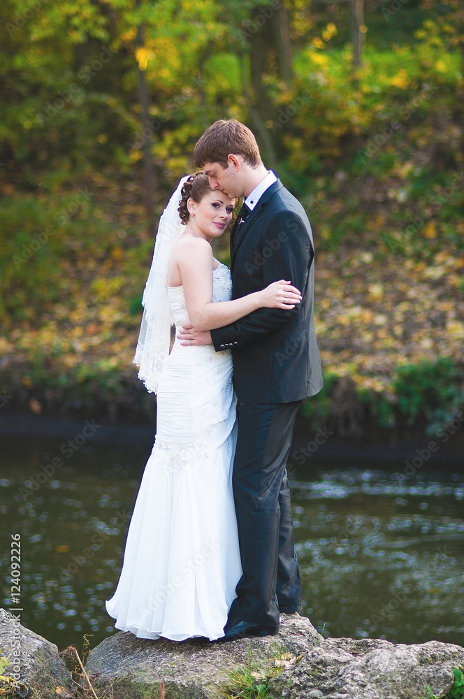 Wedding couple stay on stone of the river Wedding couple stay on stone of the river
