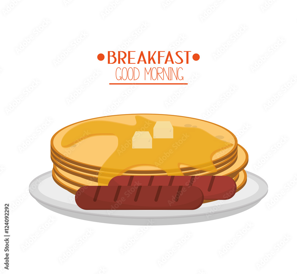Pancakes and sausage icon. Breakfast fresh product and market theme