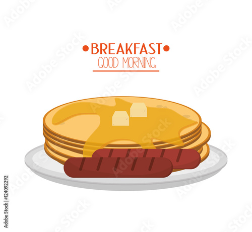 Pancakes and sausage icon. Breakfast fresh product and market theme. Colorful design. Vector illustration