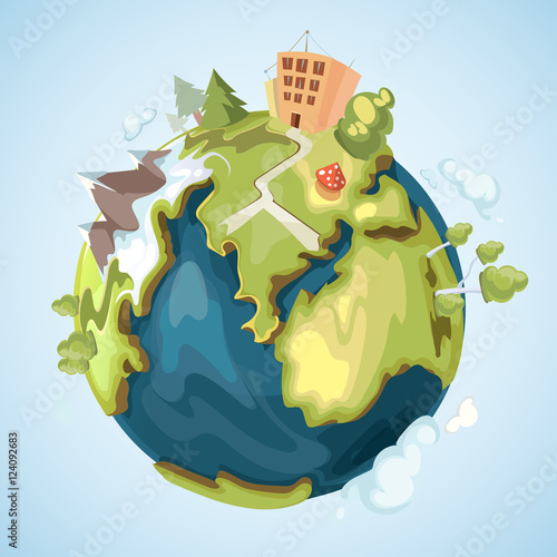 Earth planet with buildings, trees, mountains and nature elements vector illustration in cartoon style