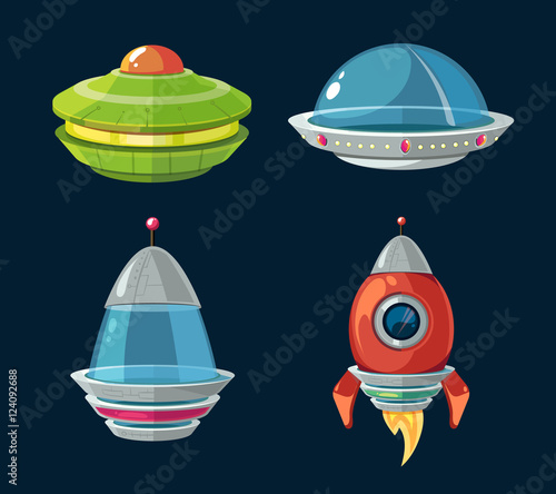 Spaceship and spacecrafts cartoon set for space computer or smartphone game