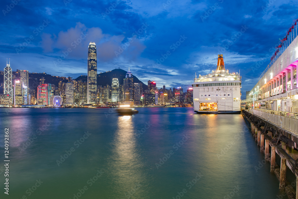 Hong Kong, Victoria Harbor and ferry pier.
