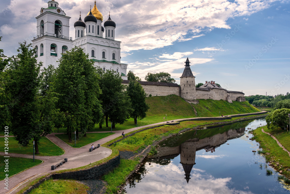 View of the Pskov Kremlin from the bridge through the river Pskova