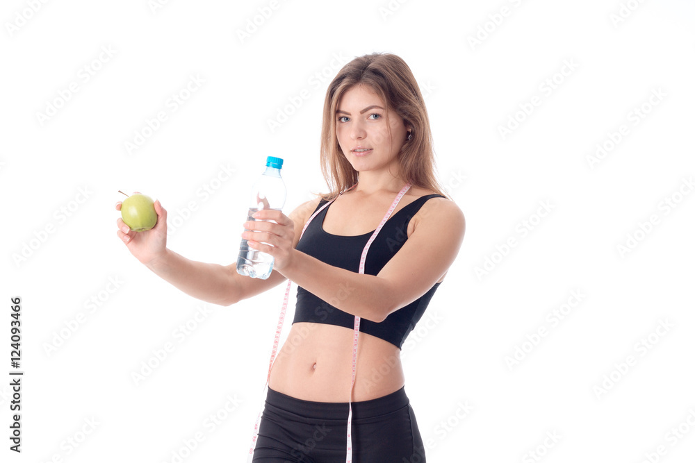 Pretty athletic girl looks forward turned sideways and showing t Pretty athletic girl looks forward turned sideways and showing t