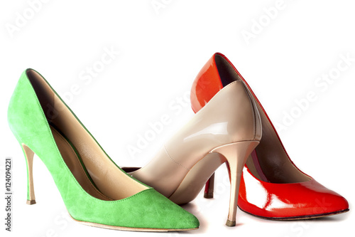 bright, multicolored female shoes on high heels