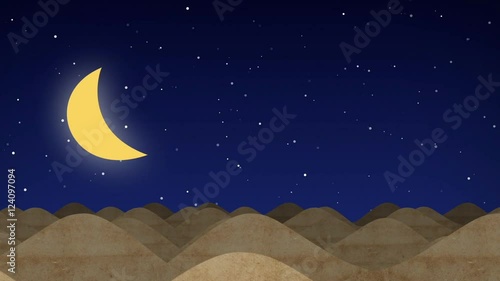 Animated Cartoon Desert Dunes on a Starry Night with Moon photo