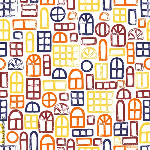 Seamless pattern of windows. Trace doodle. Colorful cute pattern