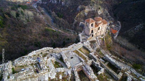 Aerial view of Asenova medieval fortress, Asenovgrad, Bulgaria photo