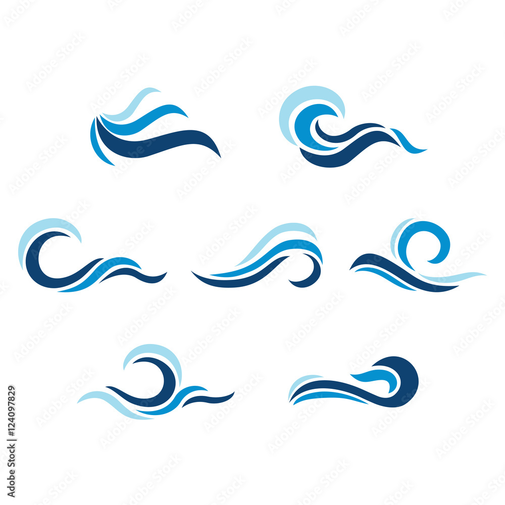 Simple Blue Water Wave Symbol Sign Collection Set Simple Blue Water Wave Symbol Sign Collection Set