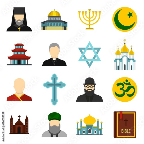 Religious symbol icons set. Flat illustration of 16 religious symbol vector icons for web