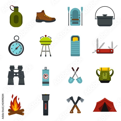 Camping equipment icons set. Flat illustration of 16 camping equipment vector icons for web