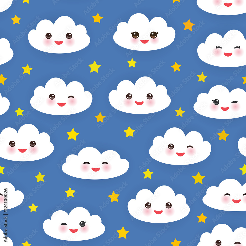 Kawaii funny white clouds set, muzzle with pink cheeks and winking eyes. Seamless pattern on blue background. Vector Kawaii funny white clouds set, muzzle with pink cheeks and winking eyes. Seamless pattern on blue background. Vector