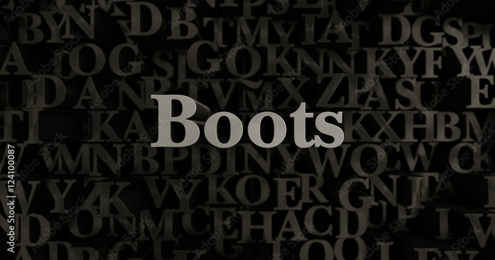 Boots - 3D rendered metallic typeset headline illustration.  Can be used for an online banner ad or a print postcard.