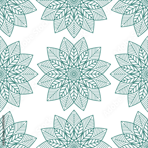 Seamless pattern of floral elements  green on white. 