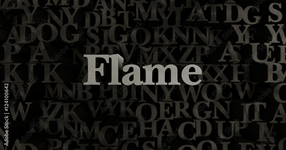Flame - 3D rendered metallic typeset headline illustration.  Can be used for an online banner ad or a print postcard.