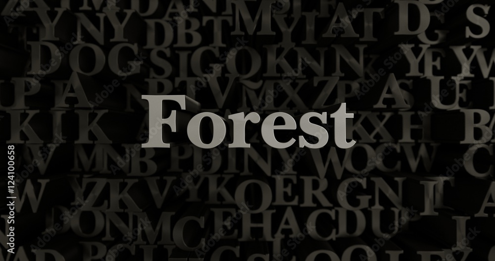 Forest - 3D rendered metallic typeset headline illustration.  Can be used for an online banner ad or a print postcard.