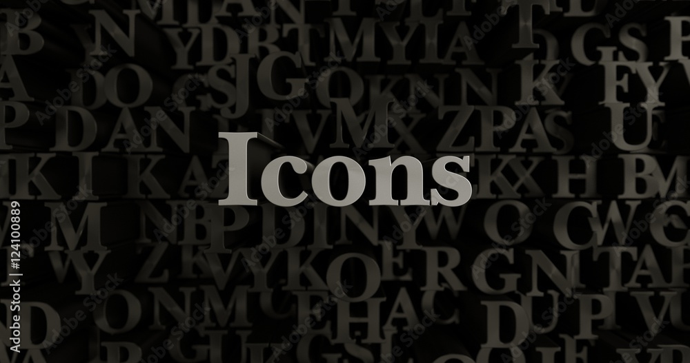 Icons - 3D rendered metallic typeset headline illustration.  Can be used for an online banner ad or a print postcard.