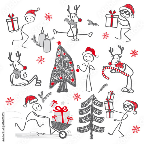 Weihnachtswichtel schmücken Weihnachtsbaum und tragen Geschenke