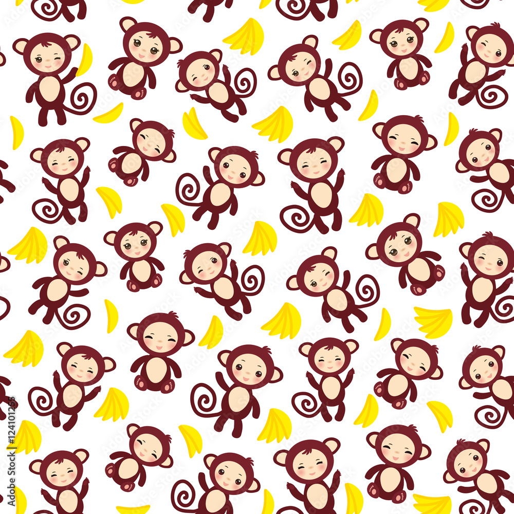 seamless pattern with funny brown monkey, yellow bananas, boys and girls on white background. Vector seamless pattern with funny brown monkey, yellow bananas, boys and girls on white background. Vector