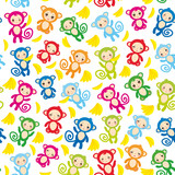 seamless pattern with funny green blue pink orange monkey, yellow bananas, boys and girls on white background. Vector