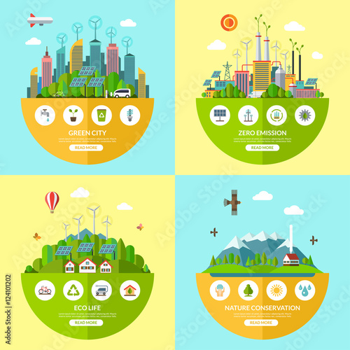 Set of flat vector ecology illustrations with icons of environment, green city, eco life, nature conservation, planet saving, alternative energy, zero emissions, recycling, eco-friendly transport
