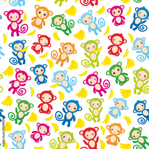 seamless pattern with funny green blue pink orange monkey  yellow bananas  boys and girls on white background. Vector