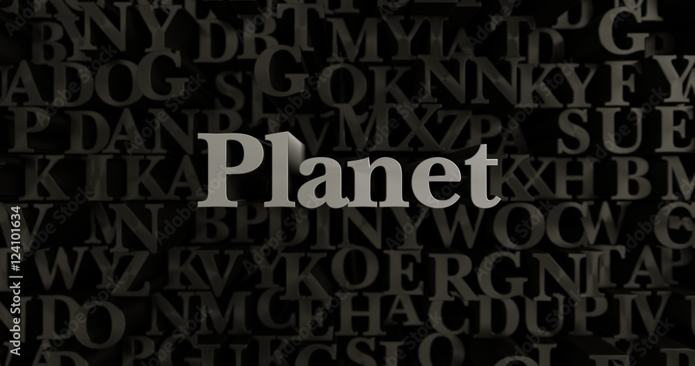 Planet - 3D rendered metallic typeset headline illustration.  Can be used for an online banner ad or a print postcard.