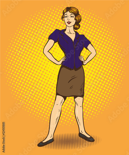 Woman standing in confident position retro comic pop art vector illustration.