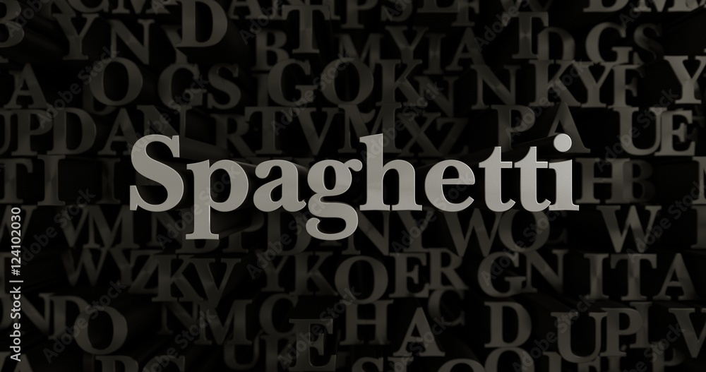 Spaghetti - 3D rendered metallic typeset headline illustration.  Can be used for an online banner ad or a print postcard.