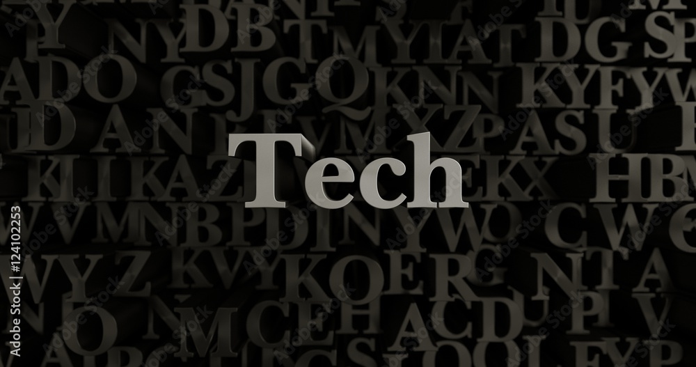 Tech - 3D rendered metallic typeset headline illustration.  Can be used for an online banner ad or a print postcard.