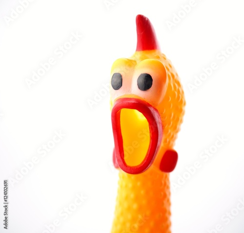 Yellow shrilling chicken with red lips on white background