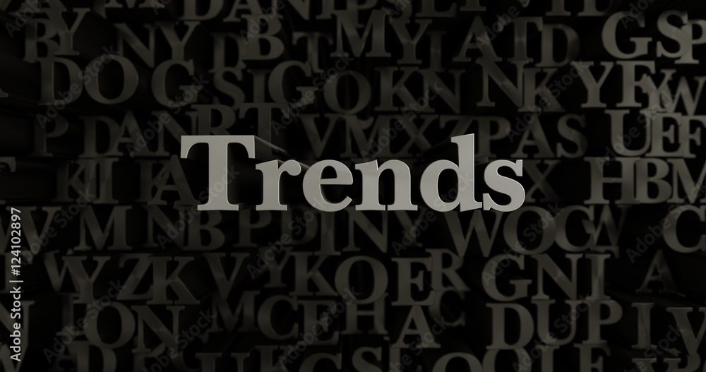 Trends - 3D rendered metallic typeset headline illustration.  Can be used for an online banner ad or a print postcard.