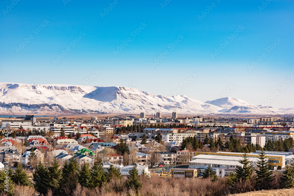 panoramic view of reykjavik at wintertime, iceland