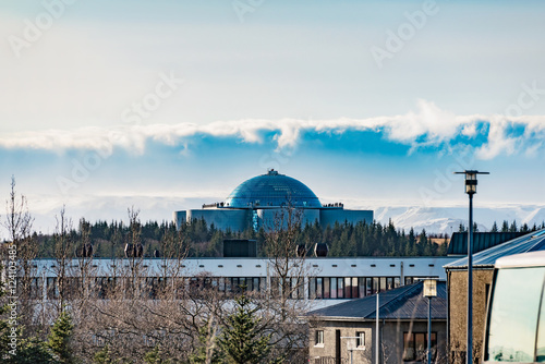 panoramic view with Perlan building in reykjavik at wintertime, iceland