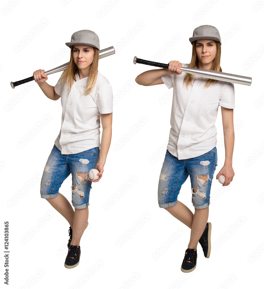 Young athletic woman in a baseball cap with a baseball bat. Cool girl