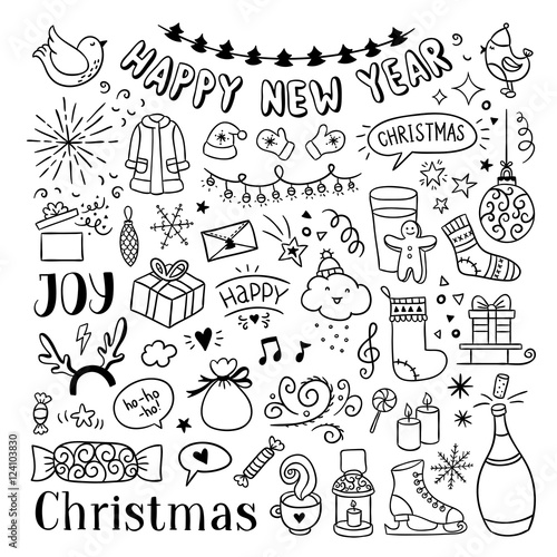 Hand drawn Christmas and New Year doodles. Cute winter icons, Happy Christmas vector illustrations. Holiday drawings