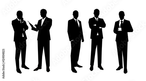 Business men silhouettes set in various poses. Flat vector illus
