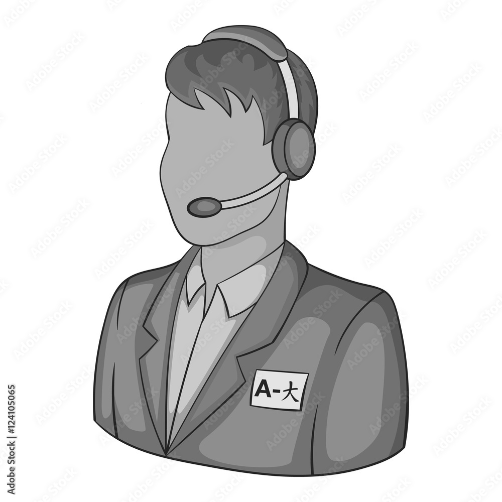 Male translator on phone icon. Gray monochrome illustration of male translator on phone vector icon for web