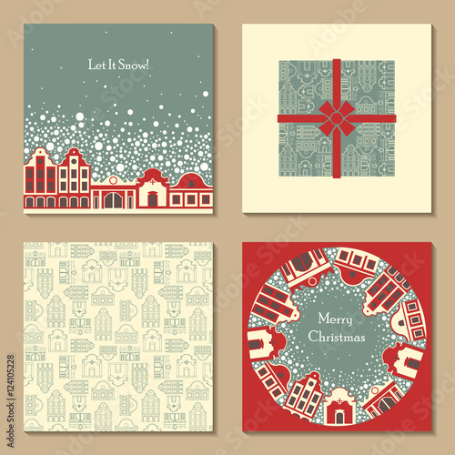 Vector set of four Christmas vintage templates. The motives of the old town street with snowfall. Postcard, the wrapper for the CD, patterned packaging paper.