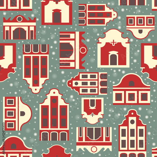 Seamless vector winter pattern of stylized vintage Dutch red and white houses. Falling snow on a beige background.