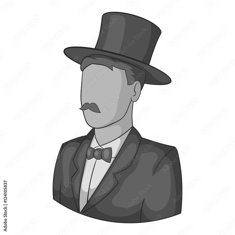Male avatar in suit with hat icon. Gray monochrome illustration of male avatar in suit with hat vector icon for web Male avatar in suit with hat icon. Gray monochrome illustration of male avatar in suit with hat vector icon for web